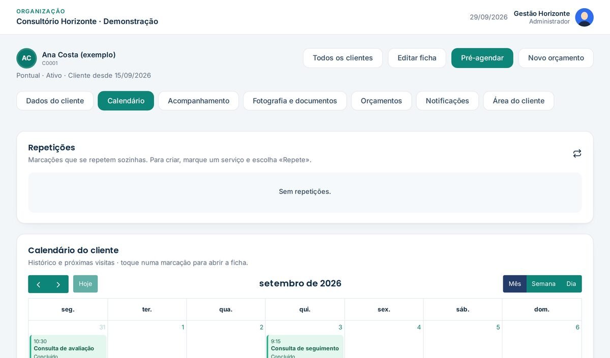 Ficha do cliente com o calendário de agendamentos